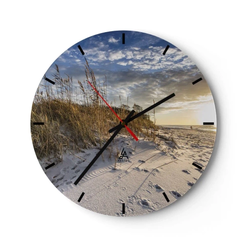 Wanduhr - Glasuhr - Sandstrand mit Gras bei Sonnenuntergang - 30x30cm - Einladung zu einem Spaziergang - Moderne Wanddekoration für Wohnzimmer, Küche und Schlafzimmer ARTTOR