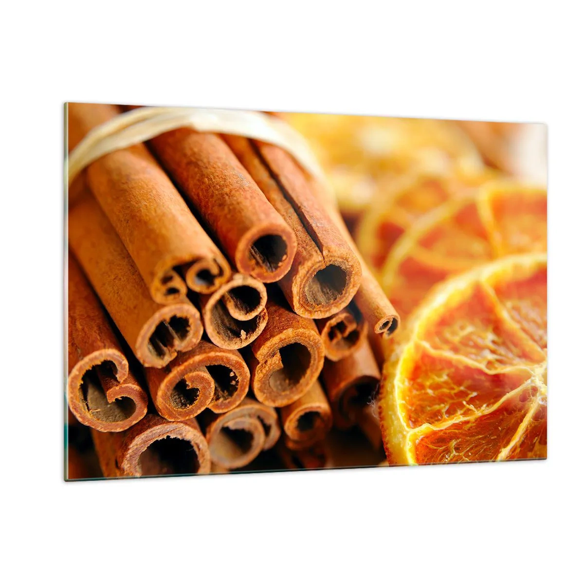 Glasbild - Bild auf glas - Nahaufnahme von Zimtstangen und getrockneten Orangenscheiben - 120x80cm - Kannst du ihr Aroma riechen? - Moderne Wanddekoration für Wohnzimmer und Schlafzimmer ARTTOR