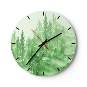 Wanduhr - Glasuhr - Ein grüner Wald im Aquarellstil voller Harmonie - 30x30cm - Verschwommen mit grünem Nebel - Moderne Wanddekoration für Wohnzimmer, Küche und Schlafzimmer ARTTOR