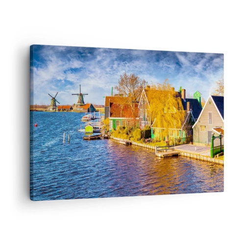 Bild auf Leinwand - Leinwandbild - Malerische Häuser und Windmühlen am Wasser - 70x50cm - Seit Jahrhunderten keine Veränderung - Moderne Wanddekoration für Wohnzimmer und Schlafzimmer ARTTOR