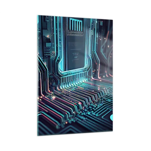 Glasbild - Bild auf glas - Neon-Visualisierung von Prozessorspuren auf schwarzem Hintergrund - 50x70cm - Ich denke nur… - Moderne Wanddekoration für Wohnzimmer und Schlafzimmer ARTTOR