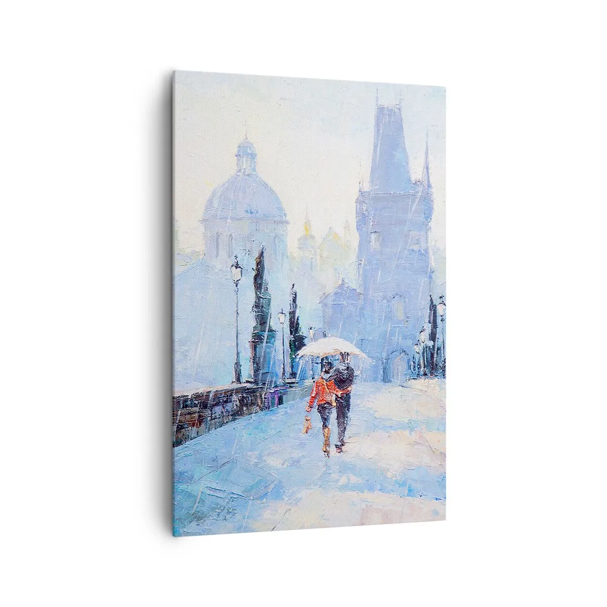 Bild auf Leinwand - Leinwandbild - Romantisches Paar auf einer Brücke im Regen, eine malerische Szene - 80x120cm - Der Regen muss uns verzaubert haben - Moderne Wanddekoration für Wohnzimmer und Schlafzimmer ARTTOR