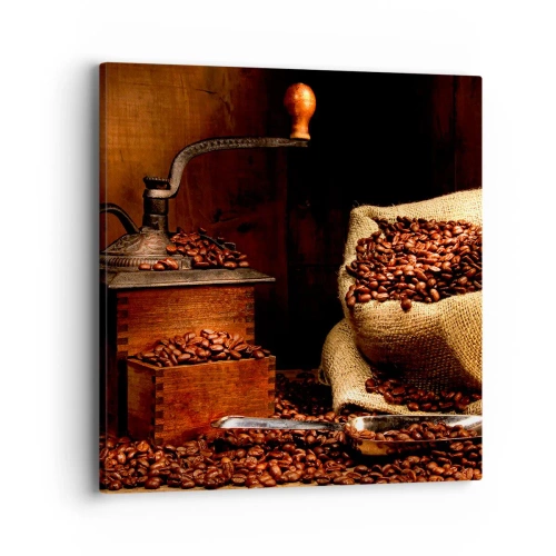 Bild auf Leinwand - Leinwandbild - Stillleben mit Kaffeebohnen und einer Mühle - 40x40 cm
