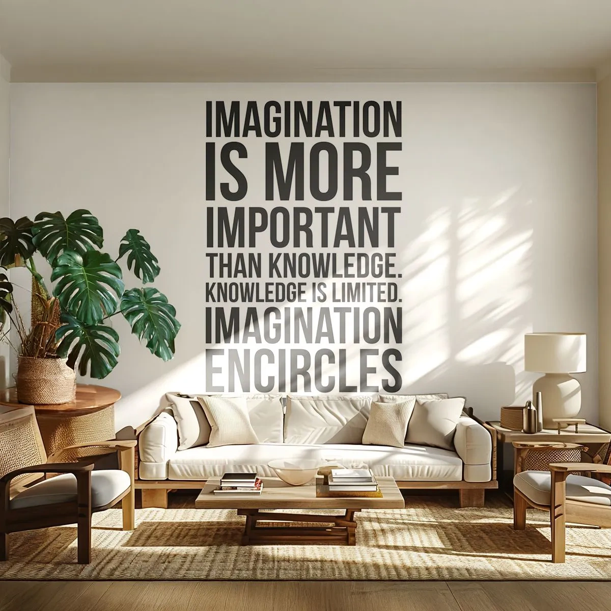 Fototapete Premium Sand - Albert Einsteins Zitat über Vorstellungskraft und Wissen - 100x70cm - Einstein über die Kraft der Vorstellungskraft - Moderne Wanddekoration für Wohnzimmer und Schlafzimmer ARTTOR