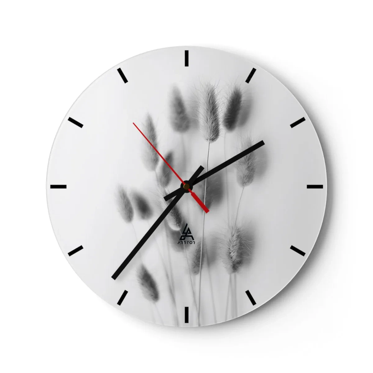 Wanduhr - Glasuhr - Schwarz-Weiß-Komposition mit Gräsern auf hellem Hintergrund - 30x30cm - Eure flauschige Grashoheit - Moderne Wanddekoration für Wohnzimmer, Küche und Schlafzimmer ARTTOR