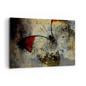 Bild auf Leinwand - Leinwandbild - Ein Schmetterling in Rot- und Grautönen auf strukturiertem Hintergrund - 120x80cm - Pass auf, bevor ich verschwinde - Moderne Wanddekoration für Wohnzimmer und Schlafzimmer ARTTOR