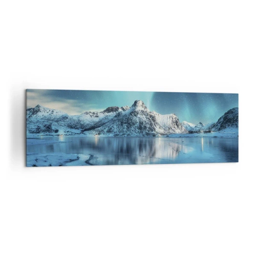 Bild auf Leinwand - Leinwandbild - Aurora Borealis über schneebedeckten Bergen und einem See - 160x50cm - Lichtnacht - Moderne Wanddekoration für Wohnzimmer und Schlafzimmer ARTTOR
