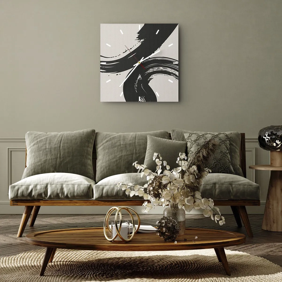 Wanduhr - Glasuhr - Dynamische Pinselstriche in Schwarz auf hellem Hintergrund - 30x30cm - Ausladend und kreisförmig - Moderne Wanddekoration für Wohnzimmer und Schlafzimmer ARTTOR