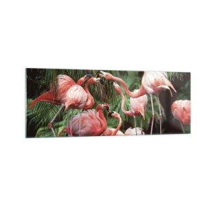 Glasbild - Bild auf glas - Eine Gruppe von Flamingos in einer tropischen Umgebung, umgeben von Palmen - 140x50cm - Nachmittagsklatsch - Moderne Wanddekoration für Wohnzimmer und Schlafzimmer ARTTOR