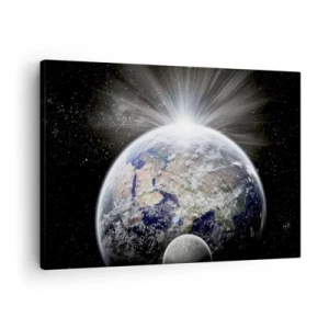 Bild auf Leinwand - Leinwandbild - Erde und Mond im Schein des Weltraums - 70x50cm - In voller Pracht - Moderne Wanddekoration für Wohnzimmer und Schlafzimmer ARTTOR