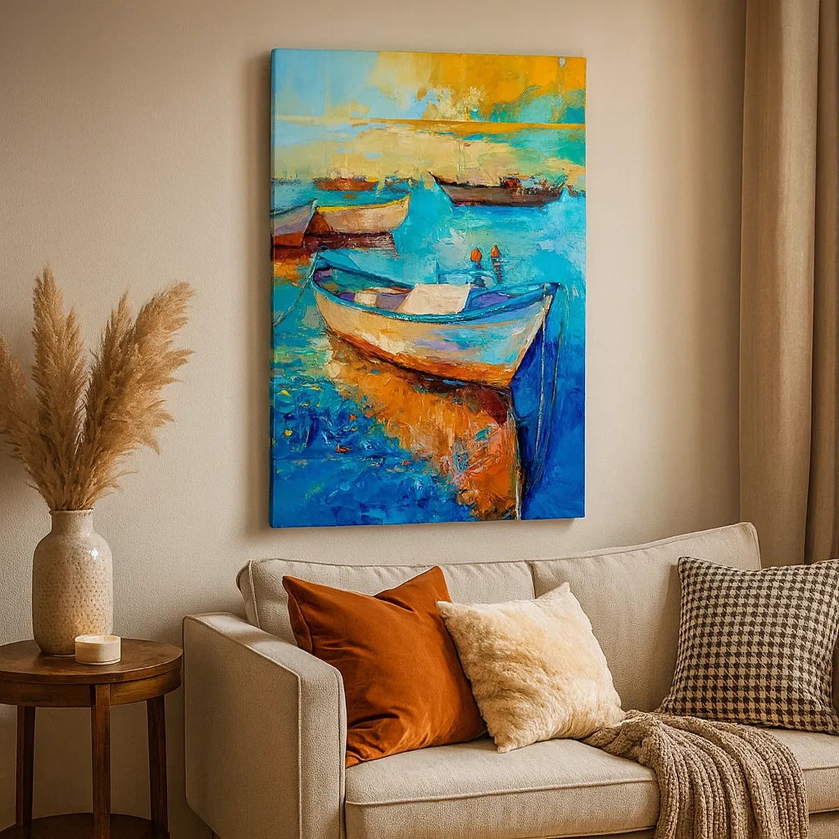 Bild auf Leinwand - Leinwandbild - Bunte Boote vertäut auf ruhigem Wasser - 50x70cm - In der südlichen Bucht - Moderne Wanddekoration für Wohnzimmer und Schlafzimmer ARTTOR