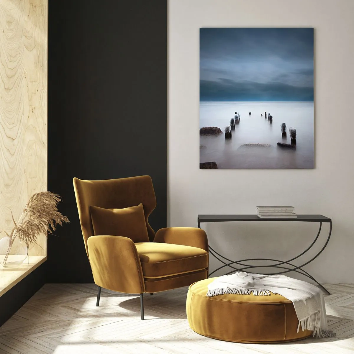 Glasbild - Bild auf glas - Der alte Pier vor der Kulisse eines ruhigen Meeres - 80x120cm - Nachdenklicher See - Moderne Wanddekoration für Wohnzimmer und Schlafzimmer ARTTOR