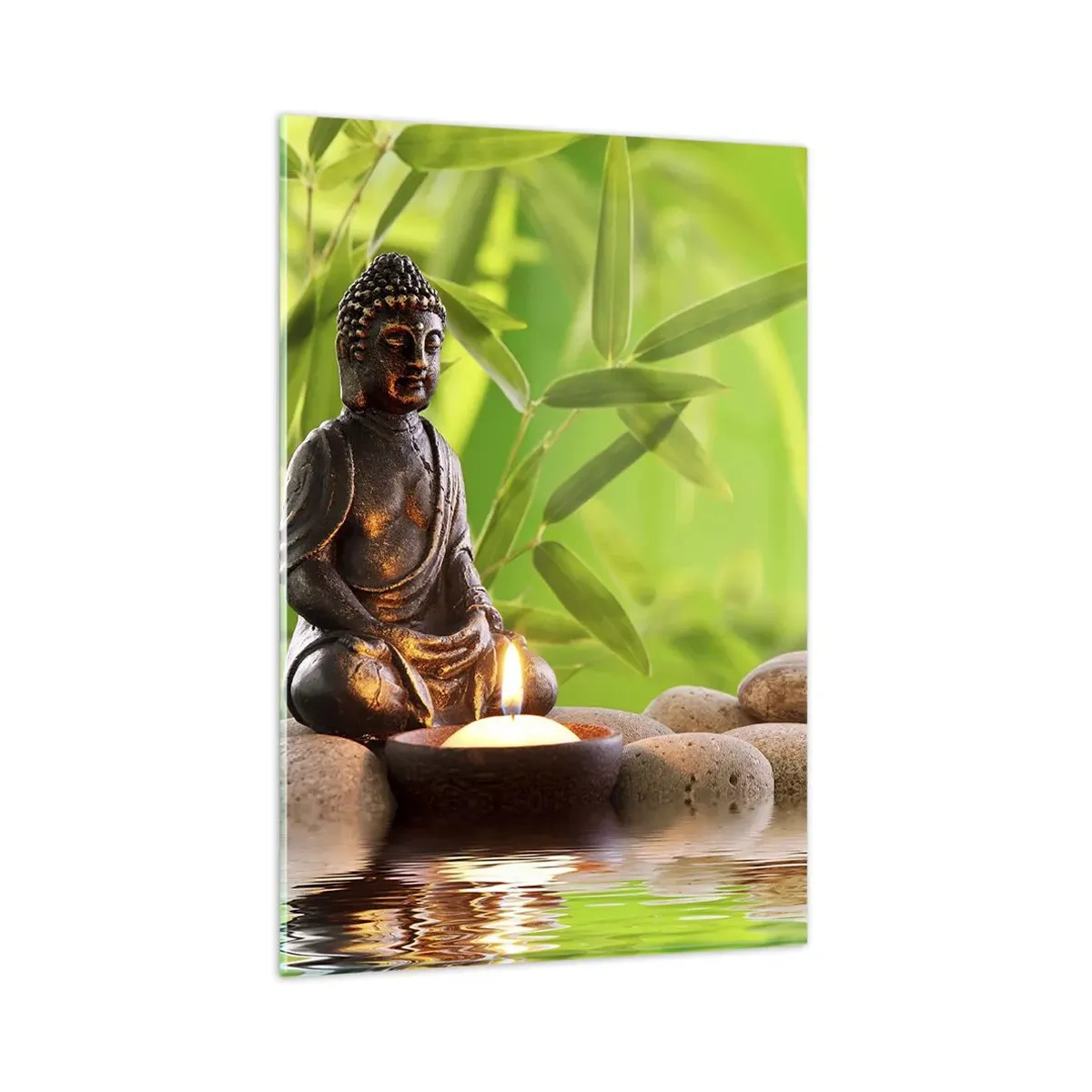 Glasbild - Bild auf glas - Buddha-Figur mit Steinen und einer Kerze vor Bambus-Hintergrund - 80x120cm - Das Leben ist wunderschoen - Moderne Wanddekoration für Wohnzimmer und Schlafzimmer ARTTOR