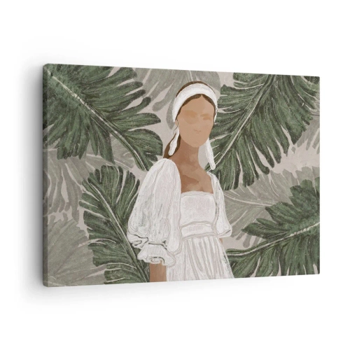 Bild auf Leinwand - Leinwandbild - Porträt einer Frau in einem weißen Kleid vor einem Hintergrund aus Monstera-Blättern - 70x50cm - Exotisches Porträt - Moderne Wanddekoration für Wohnzimmer und Schlafzimmer ARTTOR