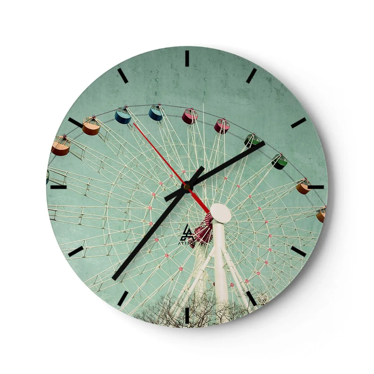 Wanduhr - Glasuhr - Ein buntes Riesenrad auf türkisfarbenem Hintergrund - 30x30cm - Wir laden zum Spiel ein - Moderne Wanddekoration für Wohnzimmer, Küche und Schlafzimmer ARTTOR