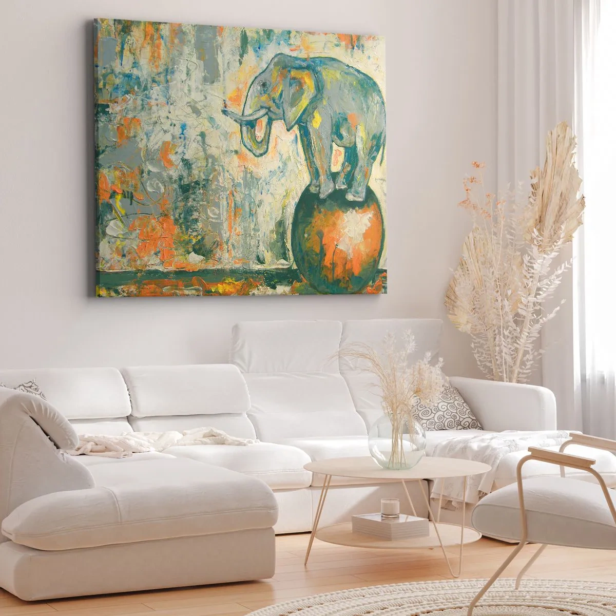 Bild auf Leinwand - Leinwandbild - Ein Elefant, der auf einem Ball balanciert, in einem künstlerischen Stil - 70x50cm - Es lebe der Zirkus! - Moderne Wanddekoration für Wohnzimmer und Schlafzimmer ARTTOR