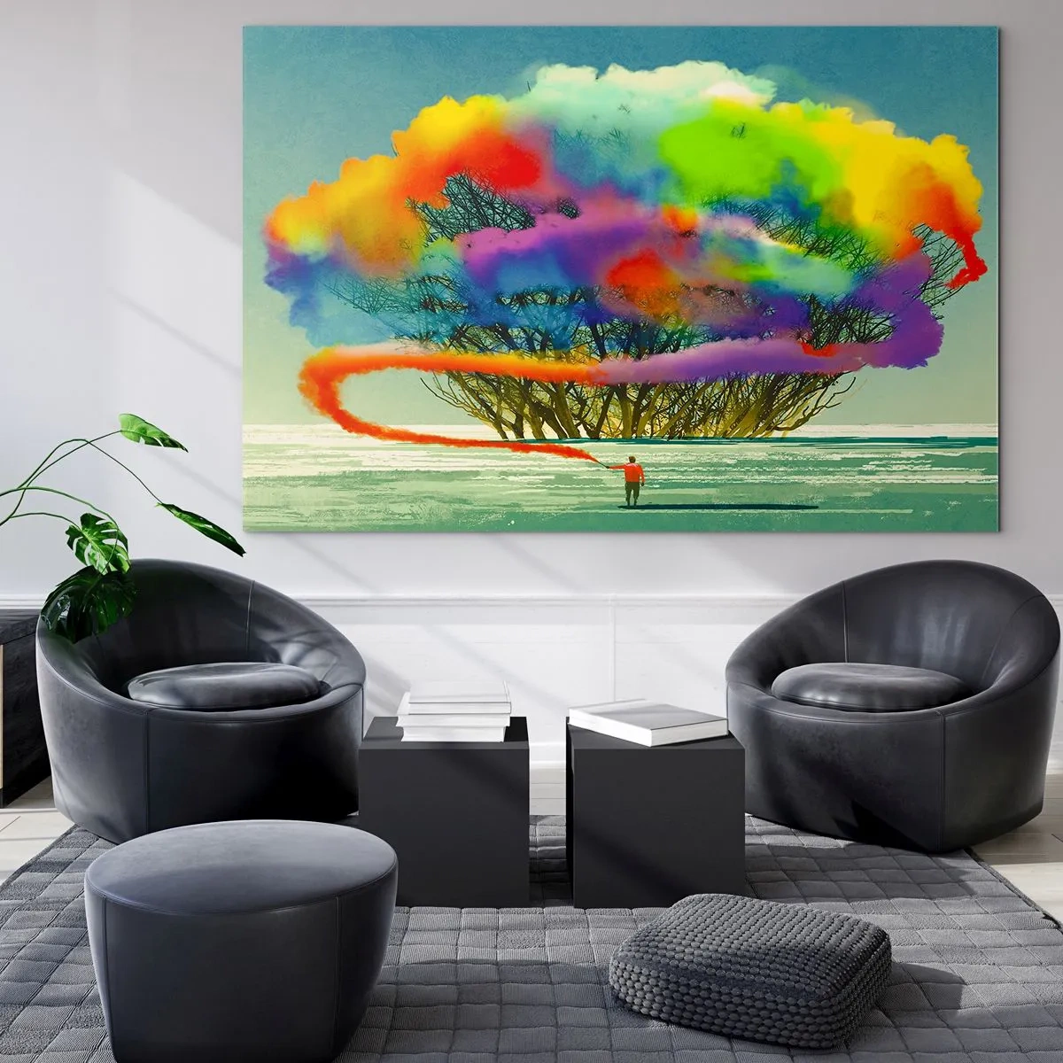 Glasbild - Bild auf glas - Eine bunte Rauchexplosion vor dem Hintergrund eines einsamen Baumes. - 70x50cm - Erwecke diese Welt zum Leben - Moderne Wanddekoration für Wohnzimmer und Schlafzimmer ARTTOR