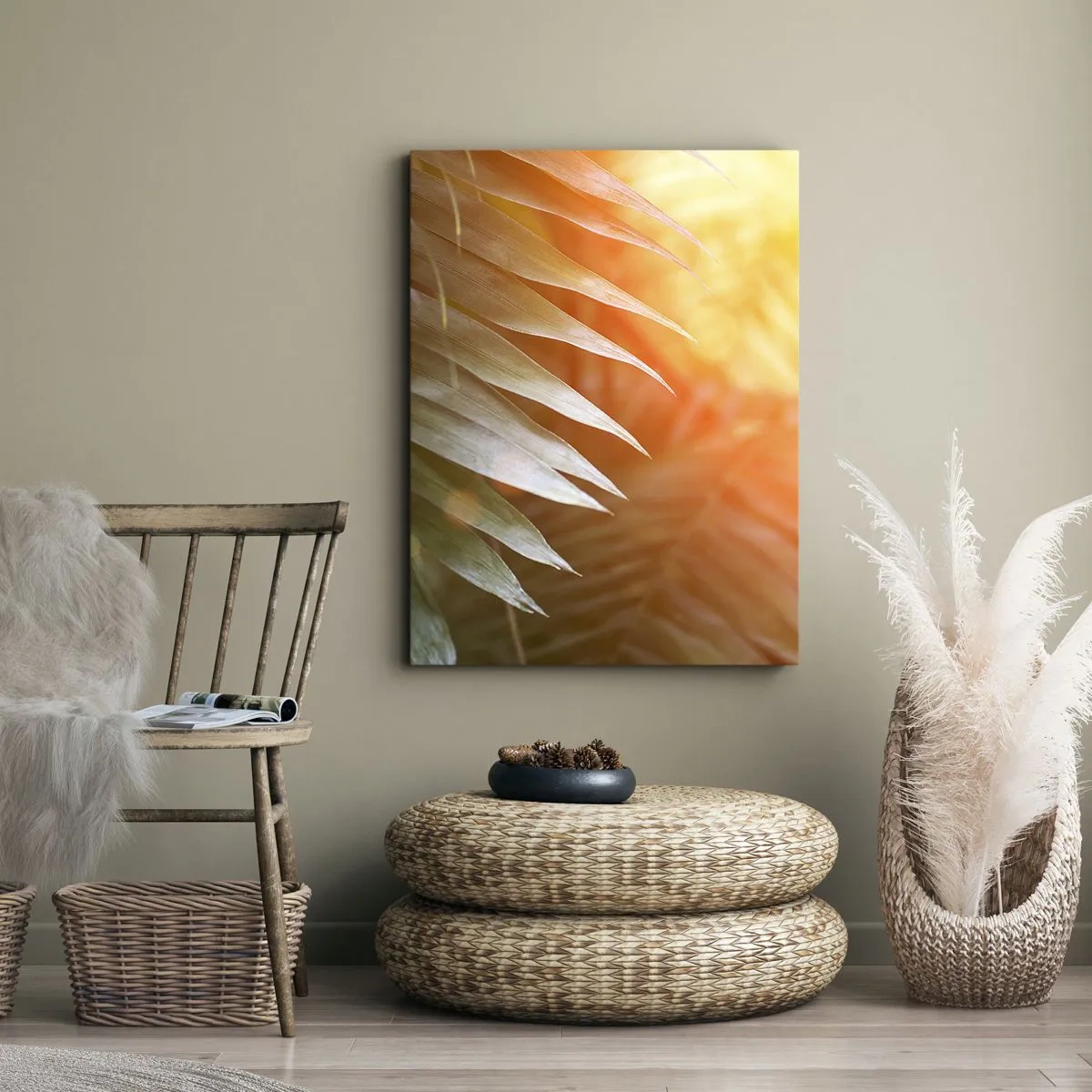 Bild auf Leinwand - Leinwandbild - Palmblätter in den Strahlen des Sonnenuntergangs - 50x70cm - Morgen im Dschungel - Moderne Wanddekoration für Wohnzimmer und Schlafzimmer ARTTOR