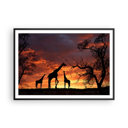 Poster in einem schwarzem Rahmen - Silhouetten von Giraffen vor dem Hintergrund des afrikanischen Sonnenuntergangs - 100x70cm - Ein kleines Abendessen mit deinen Liebsten - Moderne Wanddekoration für Wohnzimmer und Schlafzimmer ARTTOR