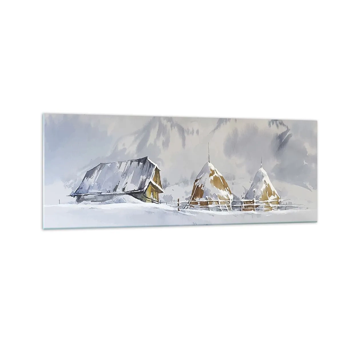 Glasbild - Bild auf glas - Winterlandschaft mit Hütte und Heuhaufen in den Bergen - 140x50cm - In einem verschneiten Talkessel - Moderne Wanddekoration für Wohnzimmer und Schlafzimmer ARTTOR