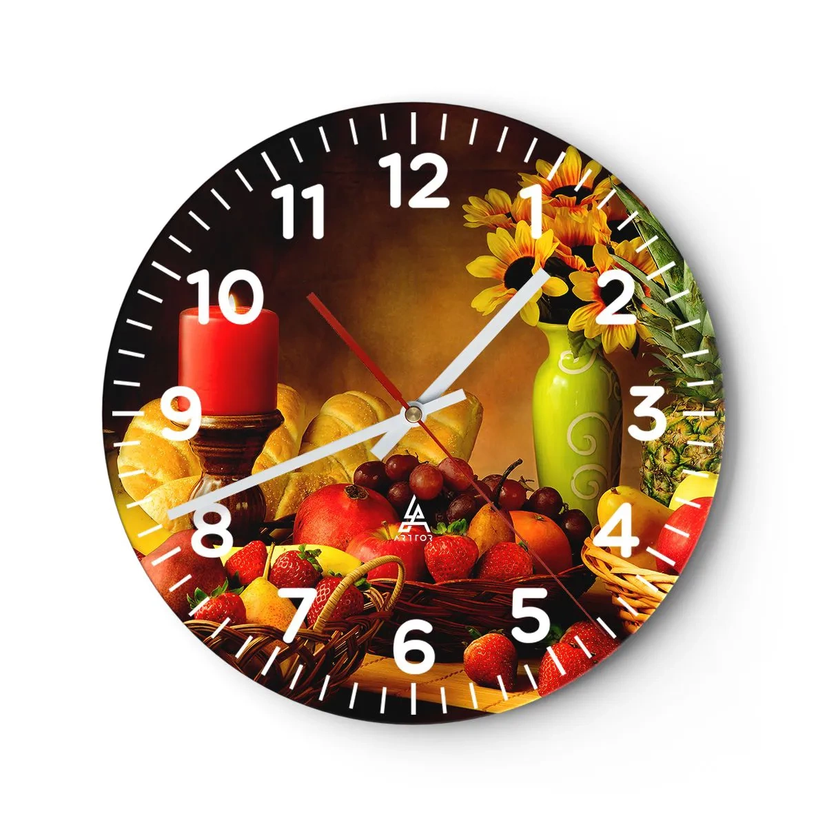Wanduhr - Glasuhr - Stillleben mit Brot und Obst - 30x30 cm