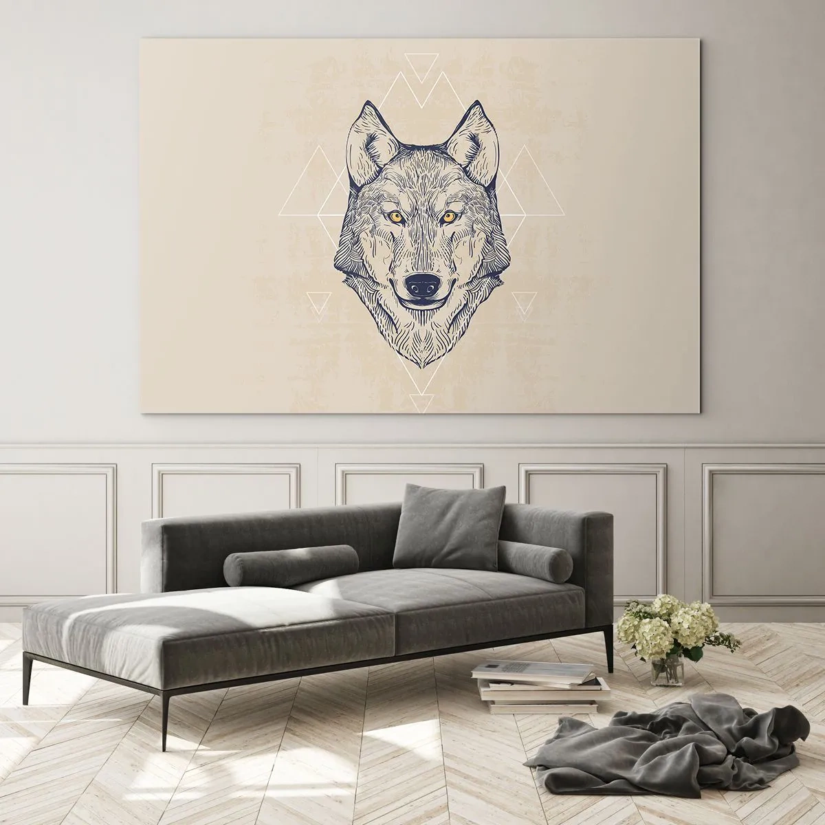 Glasbild - Bild auf glas - Wolfskopf vor einem Hintergrund aus geometrischen Mustern - 100x70cm - Ein Alpha mit durchdringendem Blick - Moderne Wanddekoration für Wohnzimmer und Schlafzimmer ARTTOR