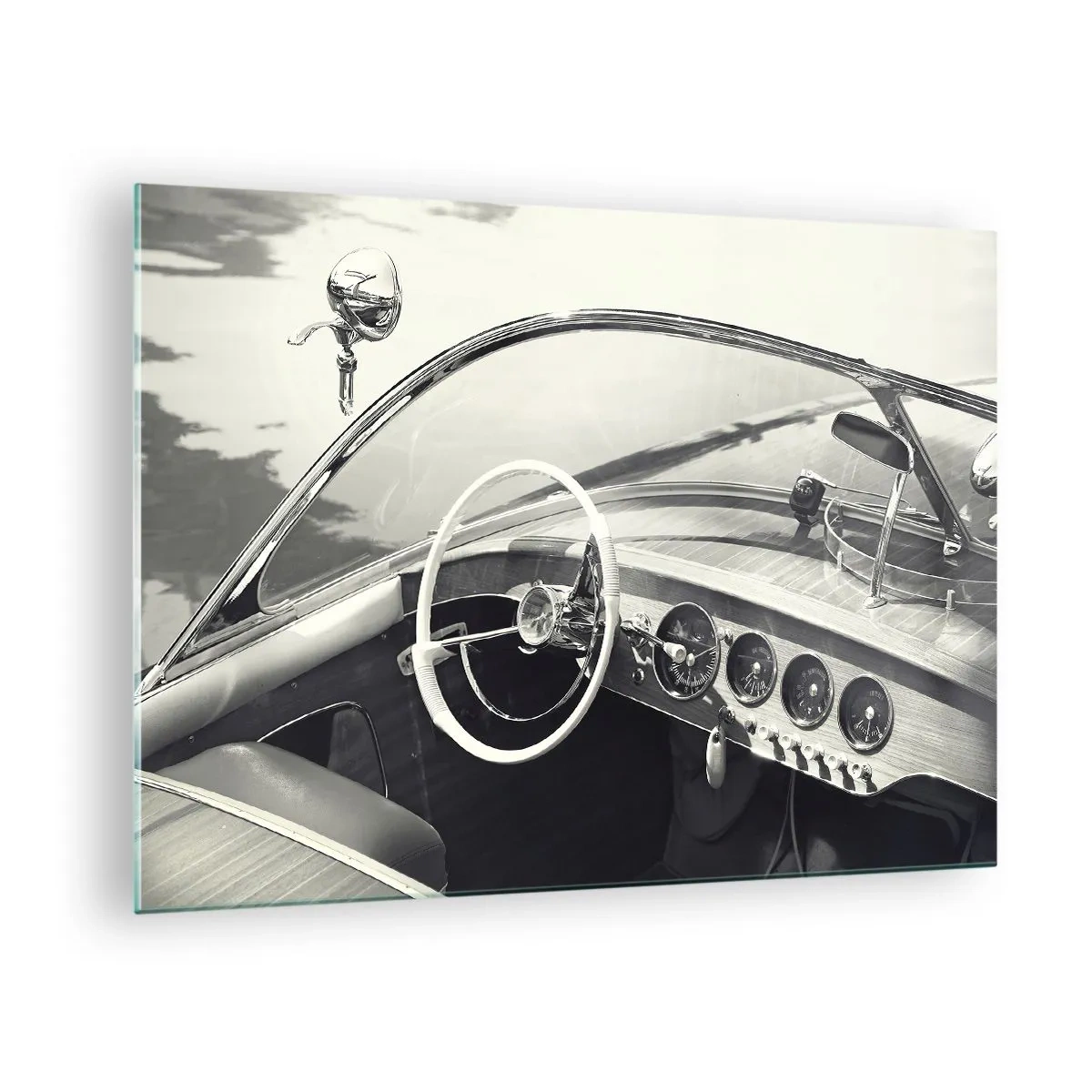 Glasbild - Bild auf glas - Oldtimer-Cockpit in Schwarz und Weiß - 70x50cm - Wetter für die Reichen - Moderne Wanddekoration für Wohnzimmer und Schlafzimmer ARTTOR