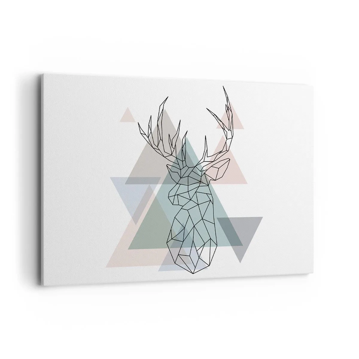 Bild auf Leinwand - Leinwandbild - Geometrischer Hirsch auf einem Hintergrund aus pastellfarbenen Dreiecken - 120x80cm - In einem geometrischen Wald - Moderne Wanddekoration für Wohnzimmer und Schlafzimmer ARTTOR