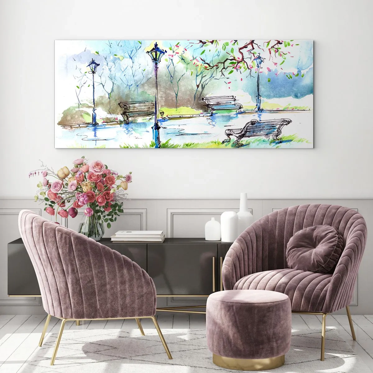 Glasbild - Bild auf glas - Aquarell-Parkszene mit Bänken und Lampen - 120x50cm - Der Zauber der Stille des Parks - Moderne Wanddekoration für Wohnzimmer und Schlafzimmer ARTTOR