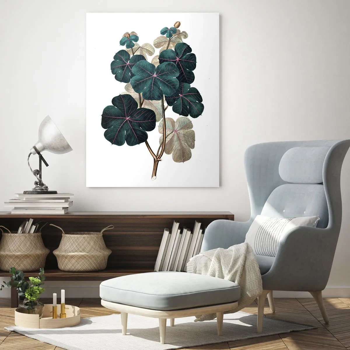Glasbild - Bild auf glas - Botanische Illustration mit Blättern in Grün- und Beigetönen - 80x120cm - Aus dem alten Herbarium - Moderne Wanddekoration für Wohnzimmer und Schlafzimmer ARTTOR