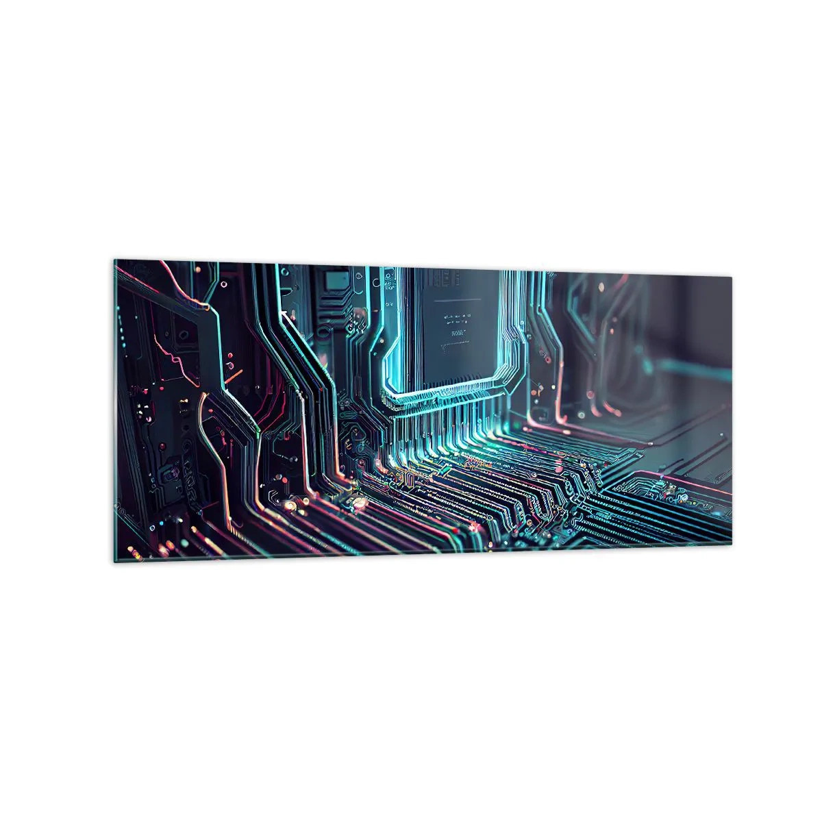 Glasbild - Bild auf glas - Technologische Leiterplatte mit beleuchteten Spuren - 120x50cm - Ich denke nur… - Moderne Wanddekoration für Wohnzimmer und Schlafzimmer ARTTOR