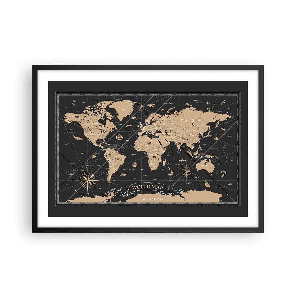 Poster in einem schwarzem Rahmen - Eine stilisierte Weltkarte auf schwarzem Hintergrund mit beigen Akzenten. - 70x50cm - Die Grenzen meiner Welt - Moderne Wanddekoration für Wohnzimmer und Schlafzimmer ARTTOR