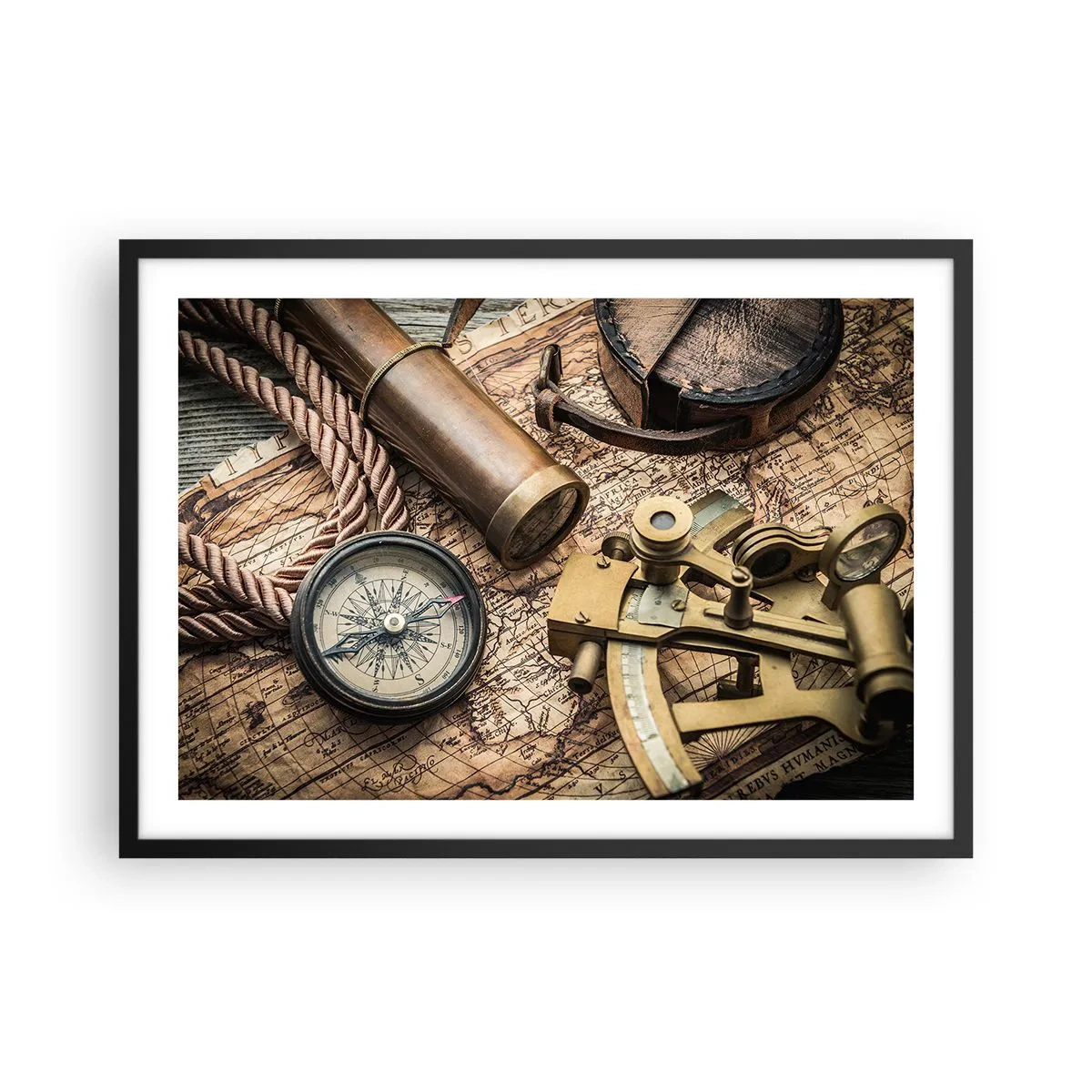 Poster in einem schwarzem Rahmen - Ein Kompass, ein Sextant und ein Teleskop vor dem Hintergrund einer alten Karte und eines Seeseils. - 70x50cm - Setze Sie einen Kurs - Moderne Wanddekoration für Wohnzimmer und Schlafzimmer ARTTOR