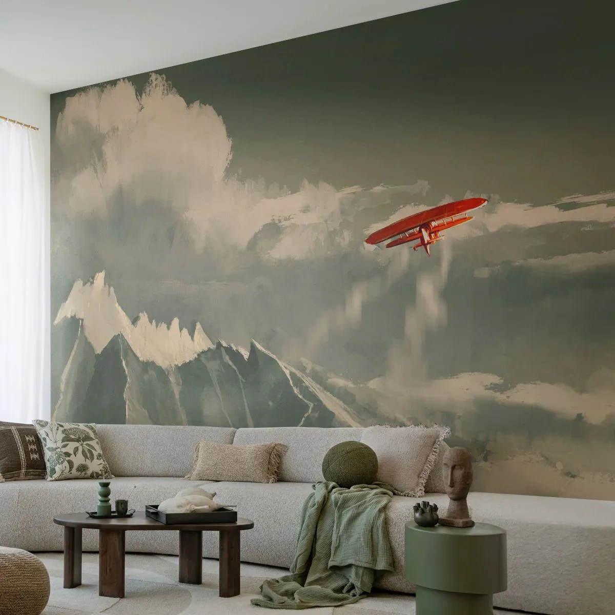 Fototapete Premium Sand - Ein rotes Flugzeug fliegt über schneebedeckte Berge - 100x70cm - Furchtloser Pionier - Moderne Wanddekoration für Wohnzimmer und Schlafzimmer ARTTOR