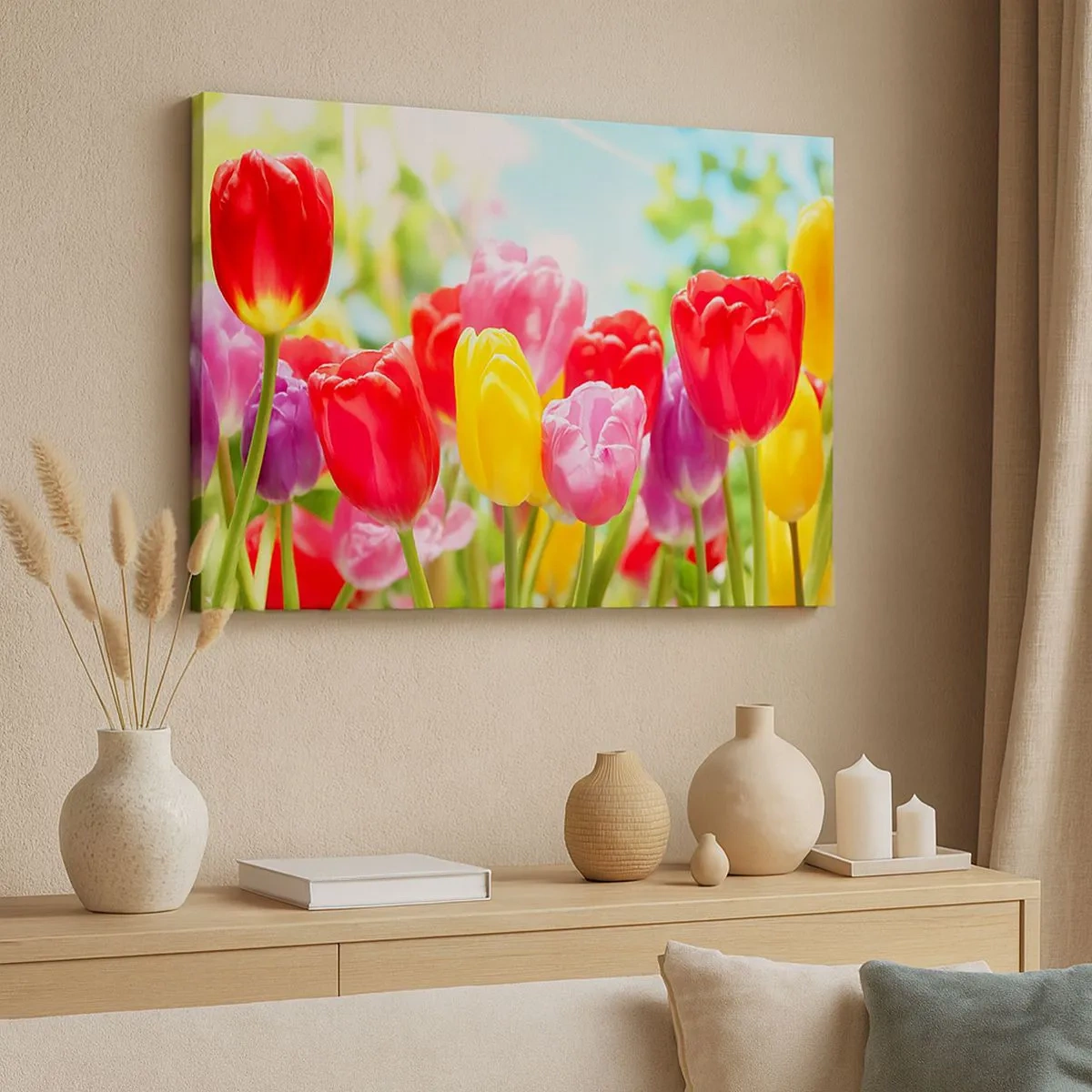 Bild auf Leinwand - Leinwandbild - Bunte Tulpen in voller Blüte vor einem Frühlingshintergrund - 70x50cm - Wir sind es, die Farben des Mais! - Moderne Wanddekoration für Wohnzimmer und Schlafzimmer ARTTOR