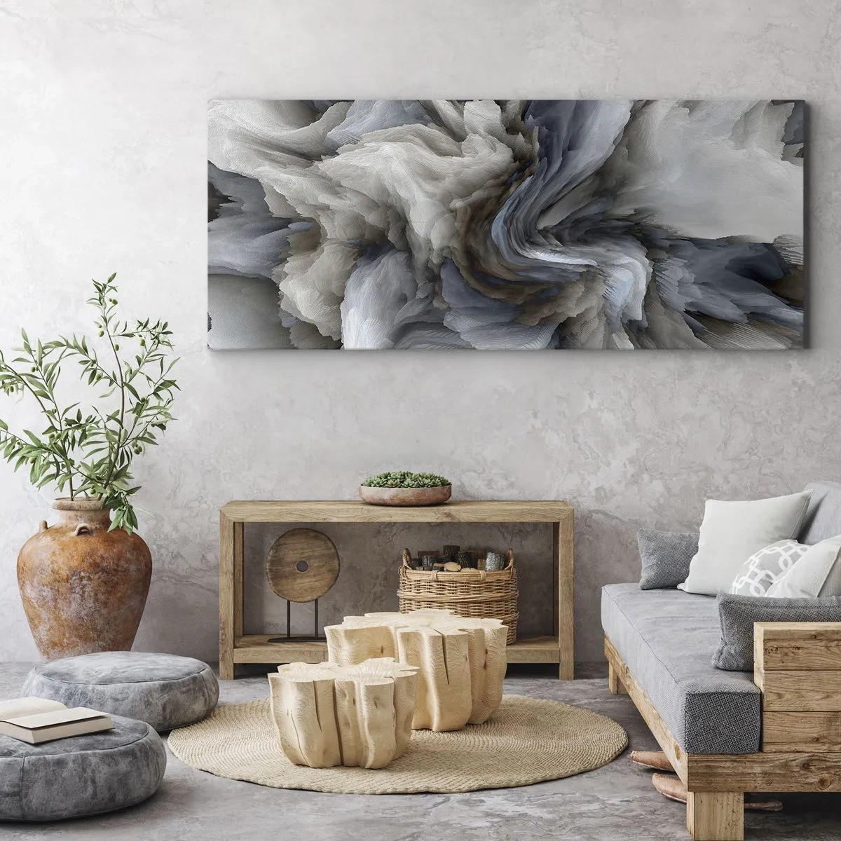 Bild auf Leinwand - Leinwandbild - Abstrakter Wirbel in Grau- und Blautönen - 160x50cm - Stein und Blume - Moderne Wanddekoration für Wohnzimmer und Schlafzimmer ARTTOR
