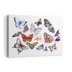 Bild auf Leinwand - Leinwandbild - Bunte Schmetterlinge auf weißem Hintergrund - 100x70cm - Spitzen, bunter Schwarm - Moderne Wanddekoration für Wohnzimmer und Schlafzimmer ARTTOR