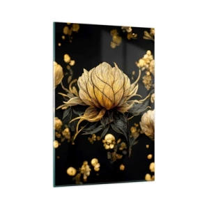 Glasbild - Bild auf glas - Goldene Blume auf dunklem Hintergrund - 80x120cm - Subtile Zerbrechlichkeit - Moderne Wanddekoration für Wohnzimmer und Schlafzimmer ARTTOR