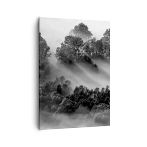 Bild auf Leinwand - Leinwandbild - Schwarz-weiße Waldlandschaft im Morgennebel - 50x70cm - Aufstehend aus dem Schlaf - Moderne Wanddekoration für Wohnzimmer und Schlafzimmer ARTTOR
