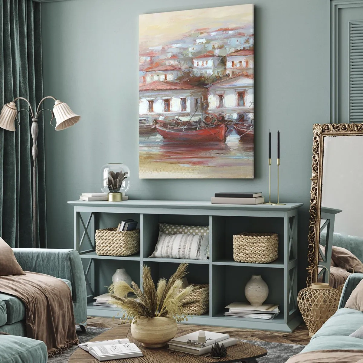 Bild auf Leinwand - Leinwandbild - Bunte Boote und malerische Gebäude am Wasser in Pastelltönen - 50x70cm - Glückliche Stadt - Moderne Wanddekoration für Wohnzimmer und Schlafzimmer ARTTOR
