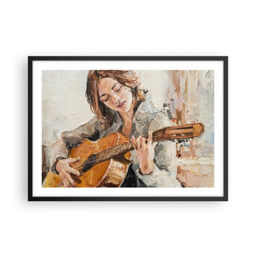 Poster in einem schwarzem Rahmen - Porträt eines Gitarre spielenden Mädchens in malerischem Stil mit warmen Farben. - 70x50cm - Konzert für Gitarre und Mädchenherz - Moderne Wanddekoration für Wohnzimmer und Schlafzimmer ARTTOR
