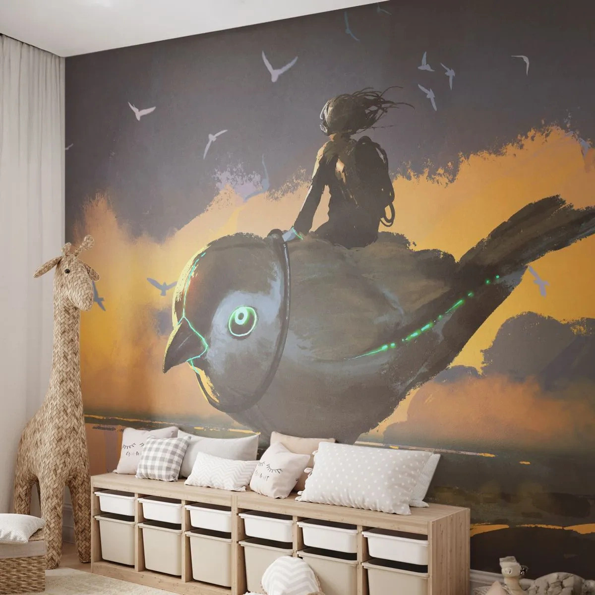 Selbstklebende Fototapete Deluxe Sticker - Ein Stopp auf einer fantastischen Reise - Abstraktion, Vogel, Fantasie - 200x140 cm
