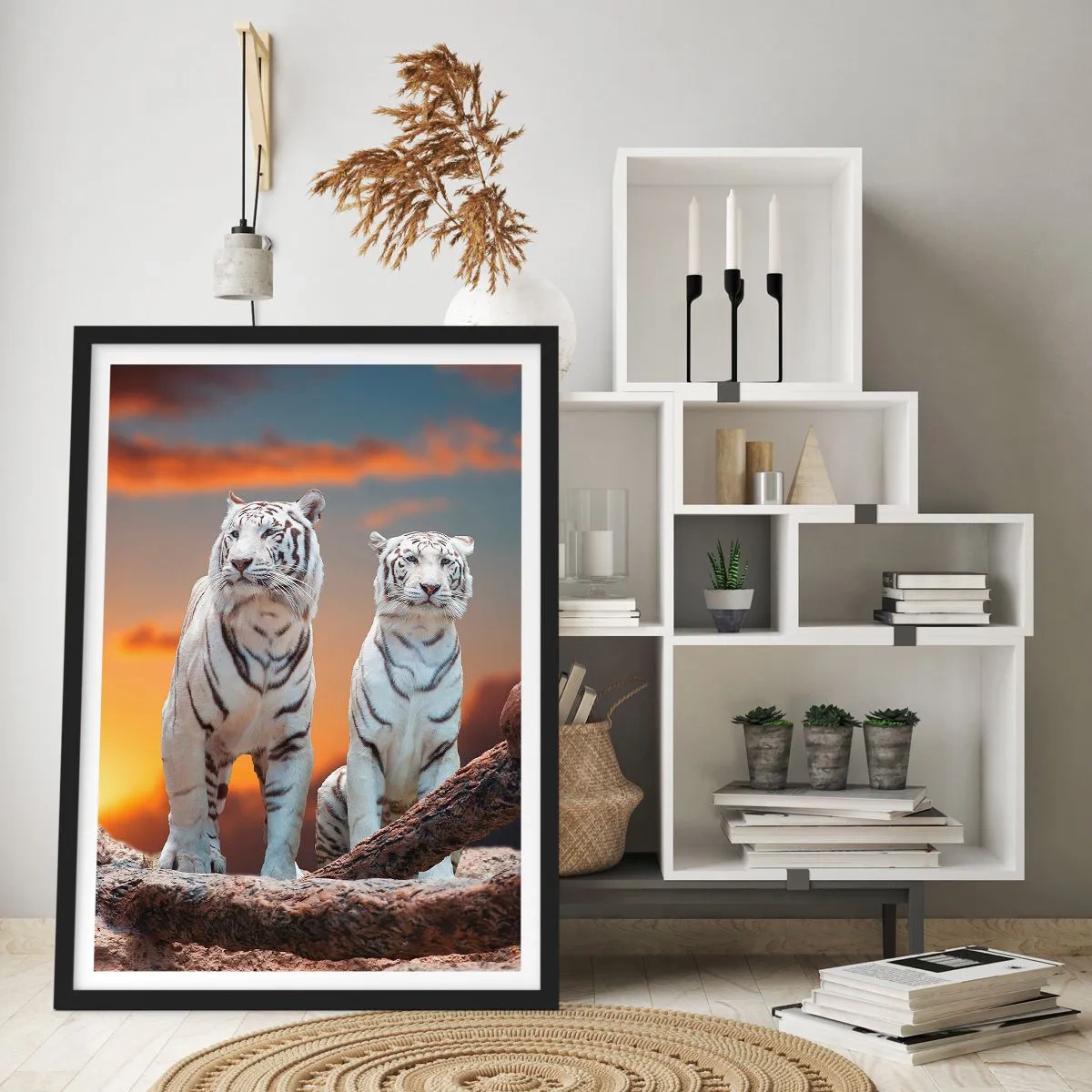 Poster in einem schwarzem Rahmen - Weiße Tiger vor der untergehenden Sonne - 50x70cm - Genau wie Narnia - Moderne Wanddekoration für Wohnzimmer und Schlafzimmer ARTTOR