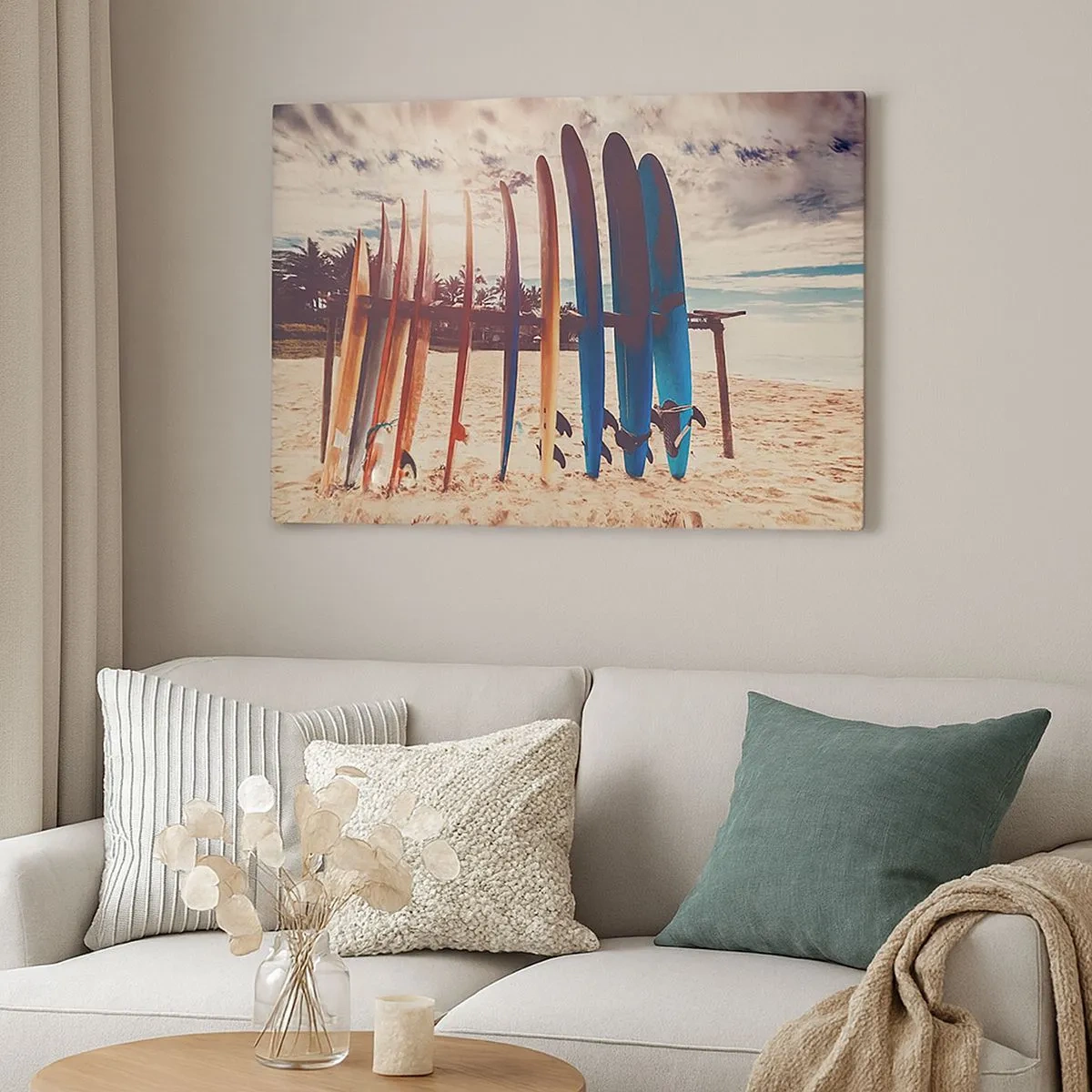 Bild auf Leinwand - Leinwandbild - Surfbretter am Strand bei Sonnenuntergang - 70x50cm - Gute Nacht bis morgen - Moderne Wanddekoration für Wohnzimmer und Schlafzimmer ARTTOR