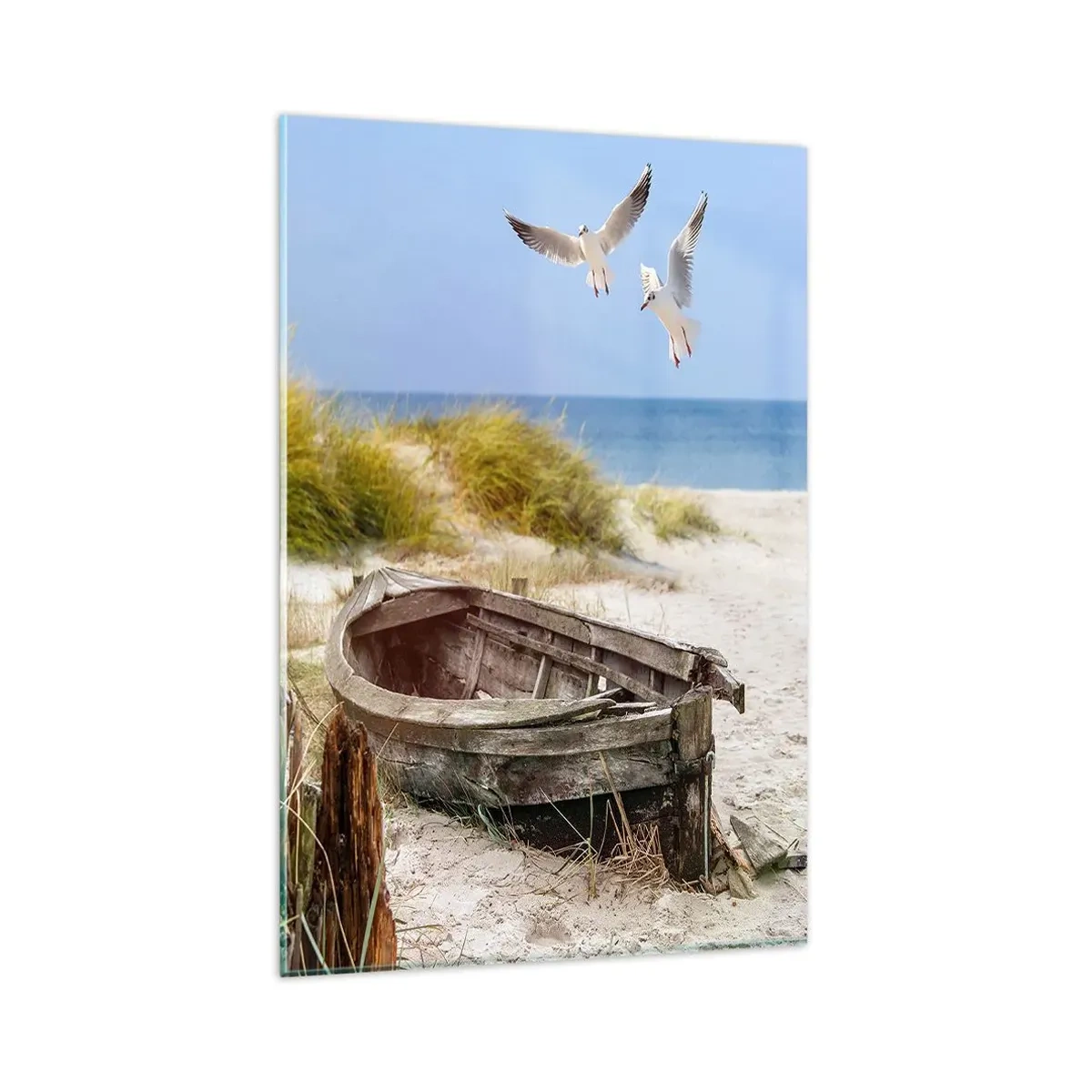 Glasbild - Bild auf glas - Verlassenes Boot an einem Strand mit Möwen - 80x120cm - In Wind gebadet - Moderne Wanddekoration für Wohnzimmer und Schlafzimmer ARTTOR