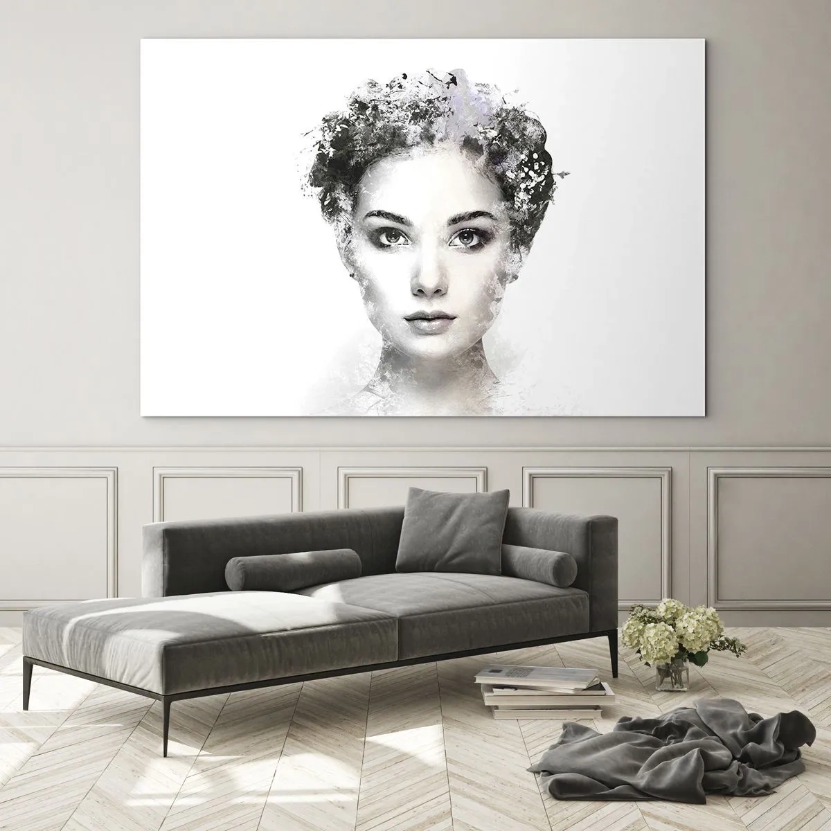 Glasbild - Bild auf glas - Frauengesicht im Aquarellstil auf weißem Hintergrund - 70x50cm - Ein äußerst stilvolles Portrait - Moderne Wanddekoration für Wohnzimmer und Schlafzimmer ARTTOR
