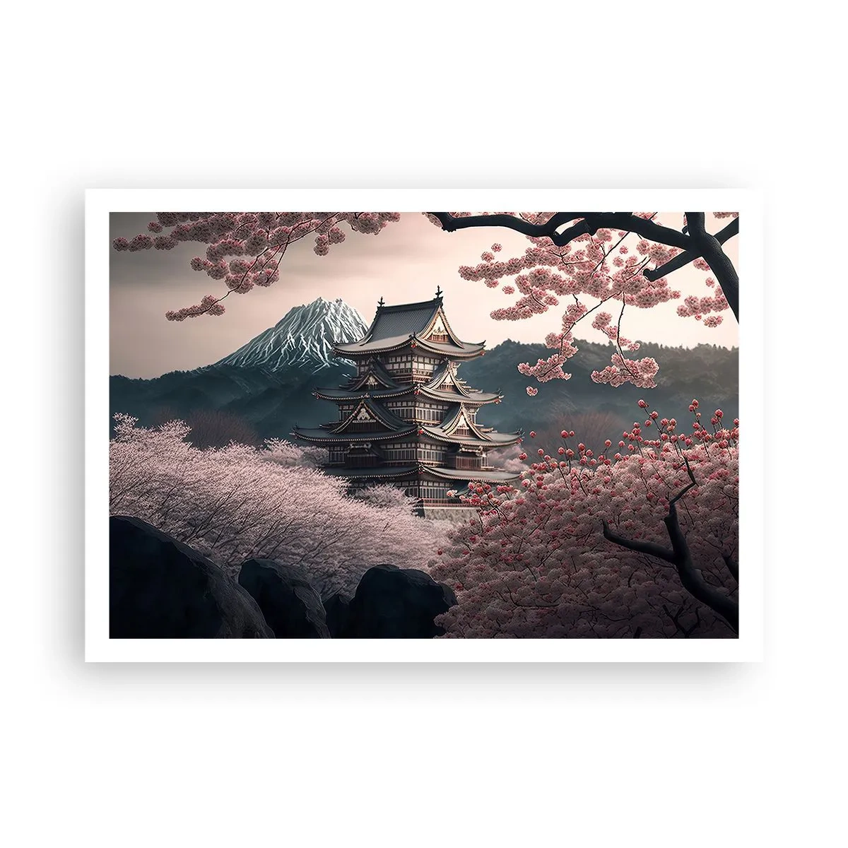 Poster - Ein japanischer Tempel, umgeben von Kirschblüten und Bergen - 100x70cm - Land der Kirschblüten - Moderne Wanddekoration für Wohnzimmer und Schlafzimmer ARTTOR