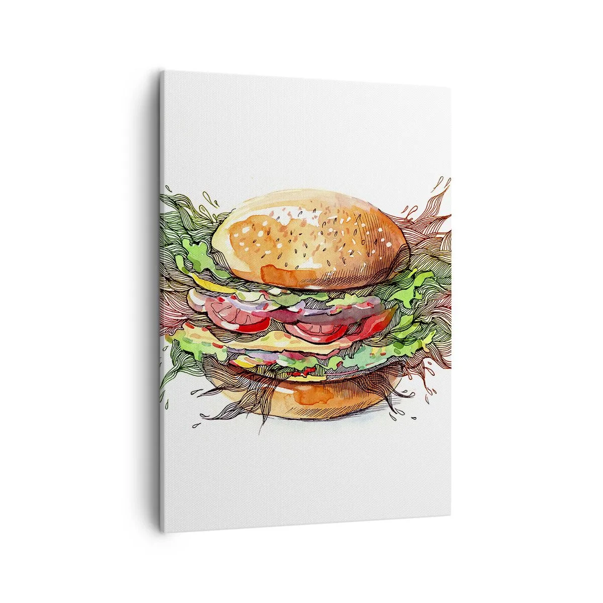 Bild auf Leinwand - Leinwandbild - Künstlerische Darstellung eines Burgers mit dynamischen Elementen - 50x70cm - Heiße Versuchung - Moderne Wanddekoration für Wohnzimmer und Schlafzimmer ARTTOR