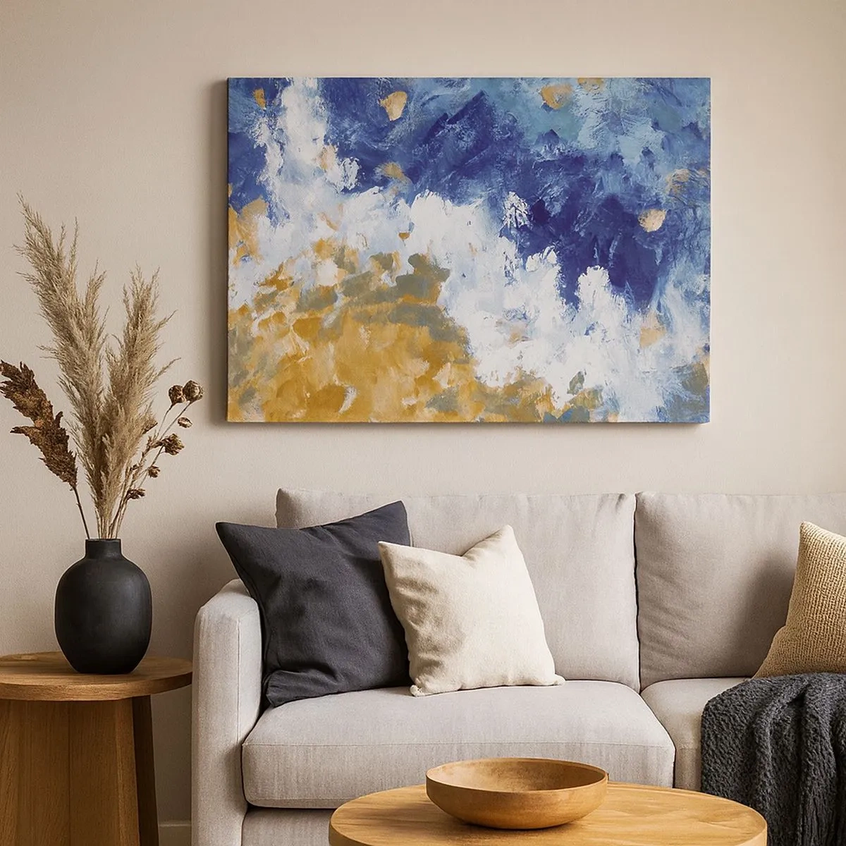 Bild auf Leinwand - Leinwandbild - Abstraktion in Blau-, Weiß- und Goldtönen - 70x50cm - Tanz der Naturelemente - Moderne Wanddekoration für Wohnzimmer und Schlafzimmer ARTTOR