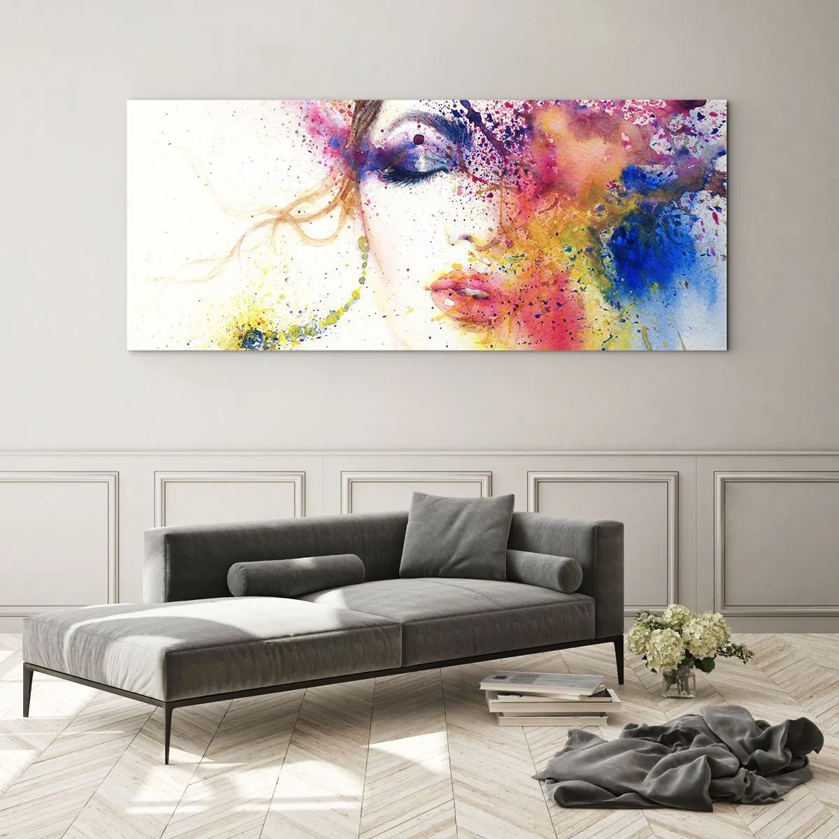Glasbild - Bild auf glas - Ein künstlerisches Frauenportrait in ausdrucksstarken Aquarellfarben. - 120x50cm - Regenbogenschwindel - Moderne Wanddekoration für Wohnzimmer und Schlafzimmer ARTTOR